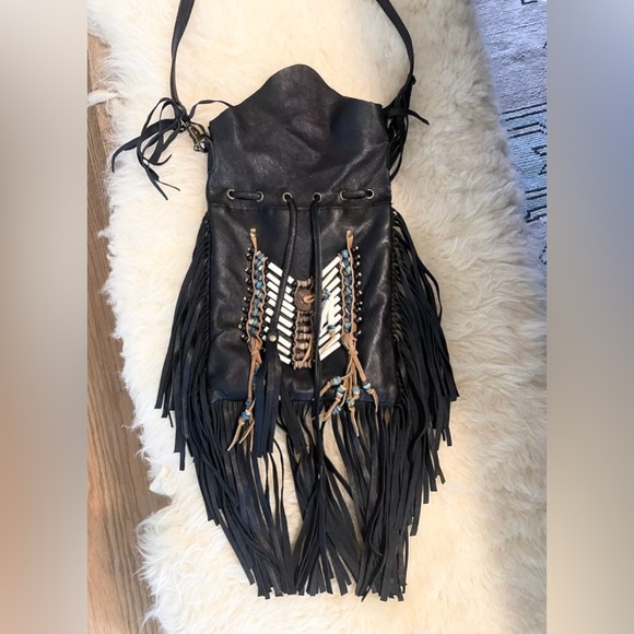 Black Spell & the Gypsy Dreamweaver Black | Black Leather Fringe Boho Crossbody - Picture 1 of 15